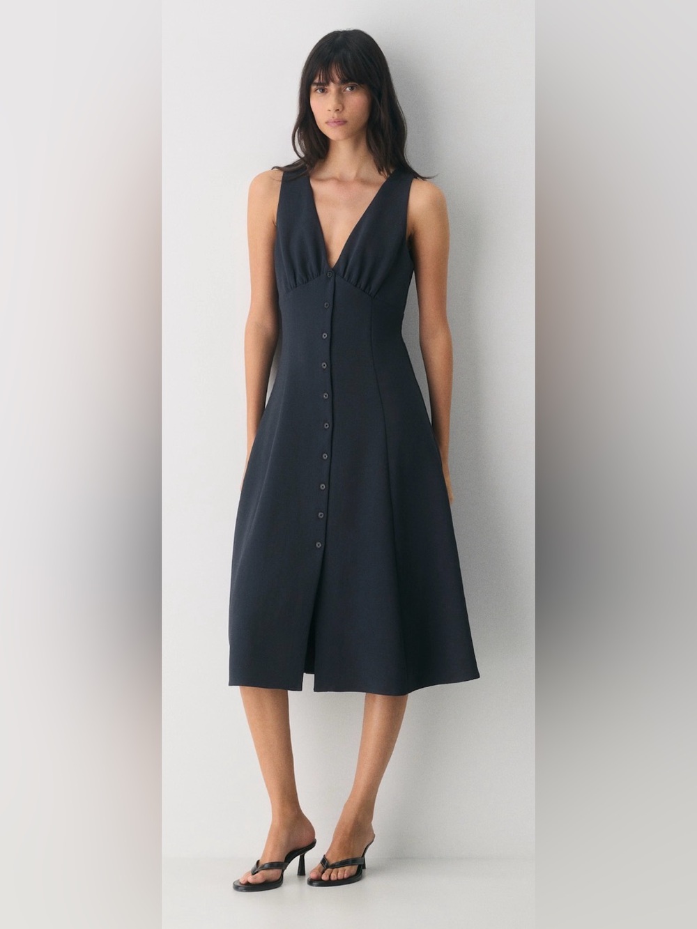Aritzia Pagoda Crepette Navy Sleeveless V-Neck Button-Front Midi Dress